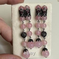 Vintage Purple Pink Art Glass Beaded Brooch Pin Clip On Earring Dangle Filigree