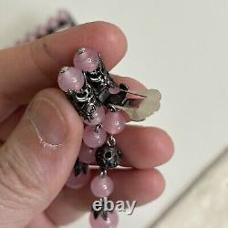 Vintage Purple Pink Art Glass Beaded Brooch Pin Clip On Earring Dangle Filigree