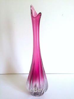 Vintage Rare MID Century Modern Art Vannes Crystal Magenta Pink Art Glass Vase