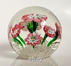 Vintage Rare Murano Pink Lampwork Flowers Paperweight Controlled Bubble Base