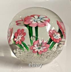 Vintage Rare Murano Pink Lampwork Flowers Paperweight Controlled Bubble Base