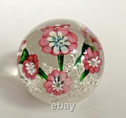Vintage Rare Murano Pink Lampwork Flowers Paperweight Controlled Bubble Base