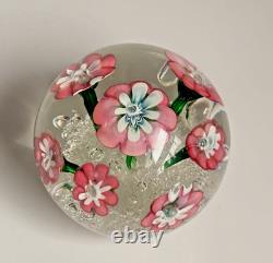 Vintage Rare Murano Pink Lampwork Flowers Paperweight Controlled Bubble Base