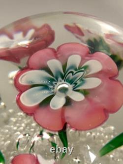 Vintage Rare Murano Pink Lampwork Flowers Paperweight Controlled Bubble Base
