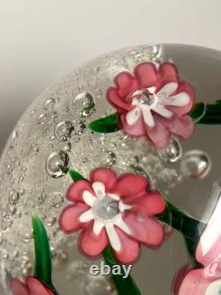 Vintage Rare Murano Pink Lampwork Flowers Paperweight Controlled Bubble Base