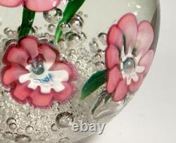 Vintage Rare Murano Pink Lampwork Flowers Paperweight Controlled Bubble Base
