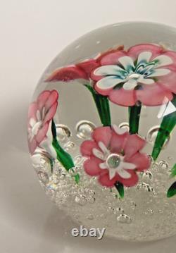 Vintage Rare Murano Pink Lampwork Flowers Paperweight Controlled Bubble Base Vintage Rare Murano Pink Lampwork Flowers Paperweight Controlled Bubble Base