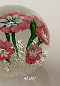 Vintage Rare Murano Pink Lampwork Flowers Paperweight Controlled Bubble Base