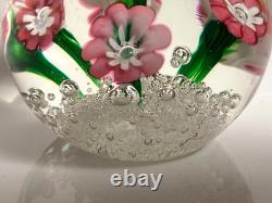 Vintage Rare Murano Pink Lampwork Flowers Paperweight Controlled Bubble Base