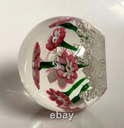 Vintage Rare Murano Pink Lampwork Flowers Paperweight Controlled Bubble Base