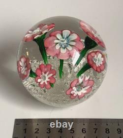 Vintage Rare Murano Pink Lampwork Flowers Paperweight Controlled Bubble Base