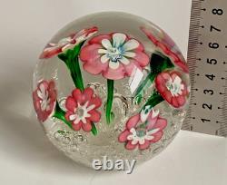 Vintage Rare Murano Pink Lampwork Flowers Paperweight Controlled Bubble Base