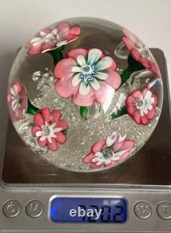 Vintage Rare Murano Pink Lampwork Flowers Paperweight Controlled Bubble Base
