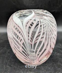 Vintage Rich Miller Pink Pulled Feather Art Glass Vase 6 Signed Clear Decor