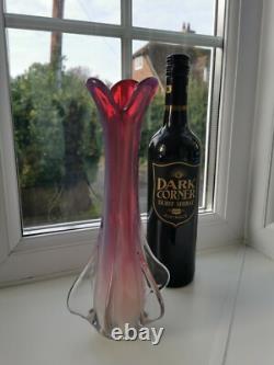 Vintage Seguso Murano alabastro pink / red & Clear art glass vase C1970's
