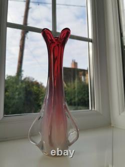 Vintage Seguso Murano alabastro pink / red & Clear art glass vase C1970's