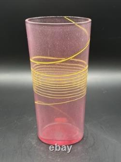 Vintage Signed Kosta Boda Bertil Vallien Spiral 8 Vase Pink & Neon Yellow Swirl