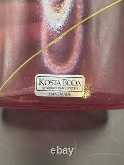 Vintage Signed Kosta Boda Bertil Vallien Spiral 8 Vase Pink & Neon Yellow Swirl