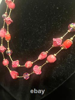 Vintage Signed Vendome 2 Strand Pink Art Glass Necklace
