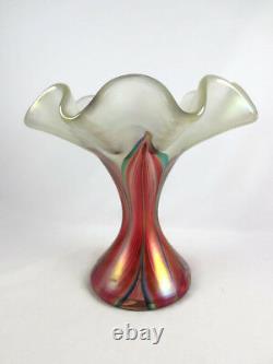 Vintage Stuart Abelman Ruffled Art Glass Vase Signed Pink Puled Feather