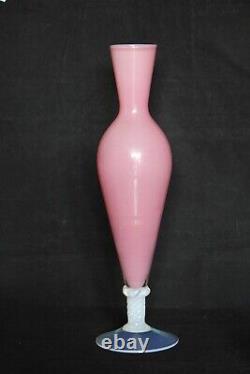 Vintage Tall Italian Pink Opaline Vase Murano 35cm 13.8in White Opalescent Base
