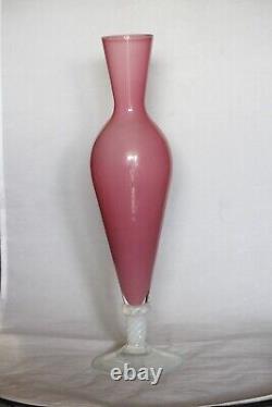 Vintage Tall Italian Pink Opaline Vase Murano 35cm 13.8in White Opalescent Base