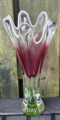 Vintage Tall Josef Hospodka Chribska Pink And Green Glass Heavy Vase 1960s