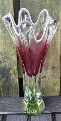 Vintage Tall Josef Hospodka Chribska Pink And Green Glass Heavy Vase 1960s