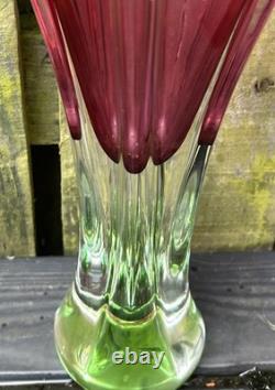 Vintage Tall Josef Hospodka Chribska Pink And Green Glass Heavy Vase 1960s