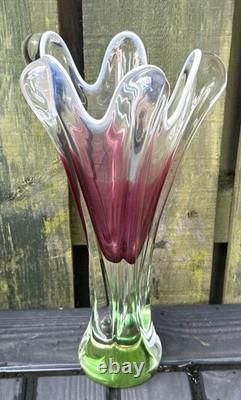 Vintage Tall Josef Hospodka Chribska Pink And Green Glass Heavy Vase 1960s