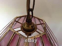 Vintage Tiffany Style Ceiling Pendant Light Fitting Pink Stained Glass Art Deco