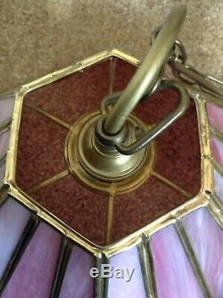 Vintage Tiffany Style Ceiling Pendant Light Fitting Pink Stained Glass Art Deco