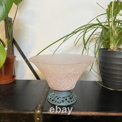 Vintage Torslow Denmark Pink Frosted Glass Vase Bowl Art Deco Style Metal Base