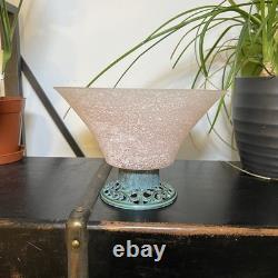 Vintage Torslow Denmark Pink Frosted Glass Vase Bowl Art Deco Style Metal Base