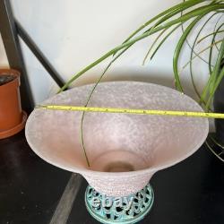 Vintage Torslow Denmark Pink Frosted Glass Vase Bowl Art Deco Style Metal Base