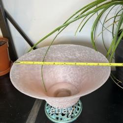 Vintage Torslow Denmark Pink Frosted Glass Vase Bowl Art Deco Style Metal Base