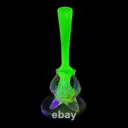 Vintage Uranium Glass Vase Twisted Art Glass Spiral Pattern With Pink Feet