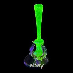 Vintage Uranium Glass Vase Twisted Art Glass Spiral Pattern With Pink Feet