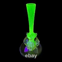 Vintage Uranium Glass Vase Twisted Art Glass Spiral Pattern With Pink Feet