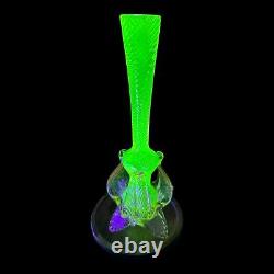 Vintage Uranium Glass Vase Twisted Art Glass Spiral Pattern With Pink Feet