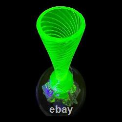 Vintage Uranium Glass Vase Twisted Art Glass Spiral Pattern With Pink Feet
