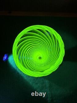Vintage Uranium Glass Vase Twisted Art Glass Spiral Pattern With Pink Feet