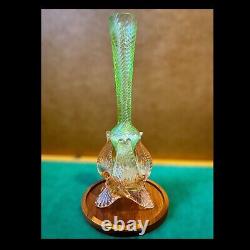Vintage Uranium Glass Vase Twisted Art Glass Spiral Pattern With Pink Feet