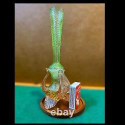 Vintage Uranium Glass Vase Twisted Art Glass Spiral Pattern With Pink Feet