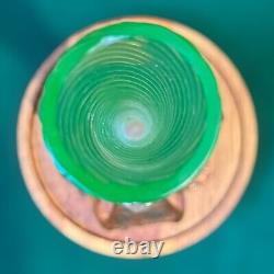 Vintage Uranium Glass Vase Twisted Art Glass Spiral Pattern With Pink Feet