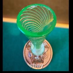 Vintage Uranium Glass Vase Twisted Art Glass Spiral Pattern With Pink Feet
