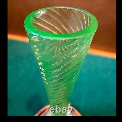 Vintage Uranium Glass Vase Twisted Art Glass Spiral Pattern With Pink Feet