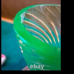 Vintage Uranium Glass Vase Twisted Art Glass Spiral Pattern With Pink Feet