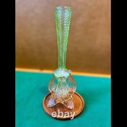 Vintage Uranium Glass Vase Twisted Art Glass Spiral Pattern With Pink Feet