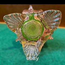 Vintage Uranium Glass Vase Twisted Art Glass Spiral Pattern With Pink Feet